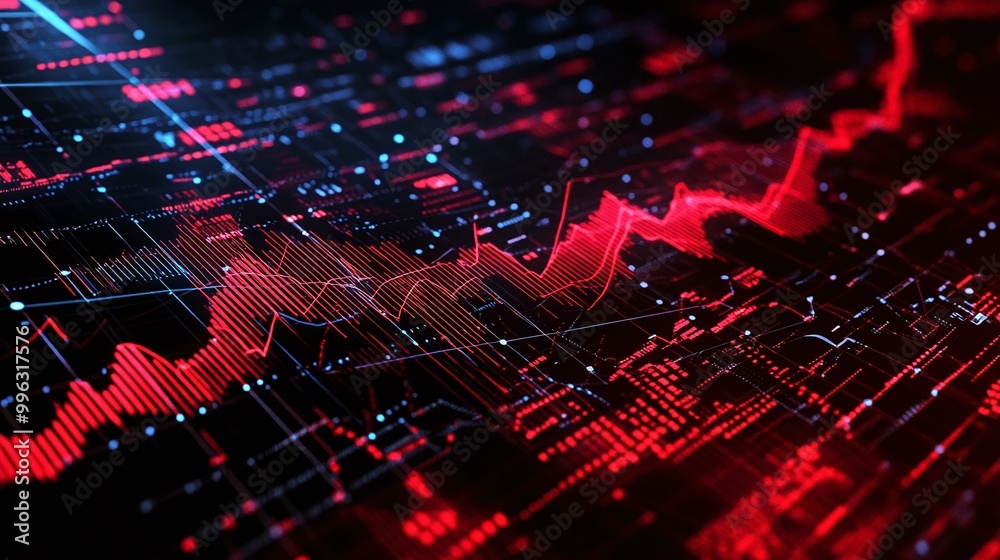 Aufkleber abstract data visualization with dynamic red lines and glowing elements on a dark background.