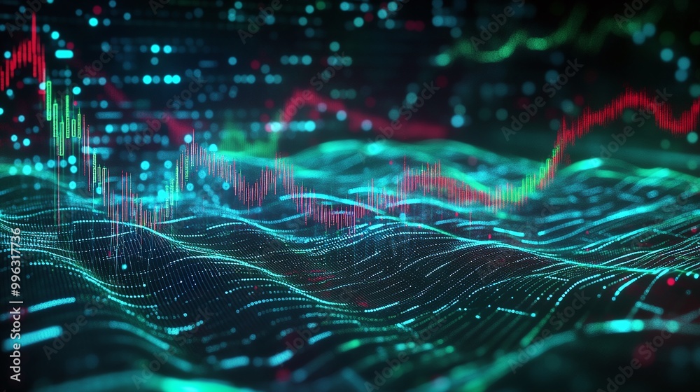 Poster abstract data visualization with flowing lines and glowing graphs representing digital information a