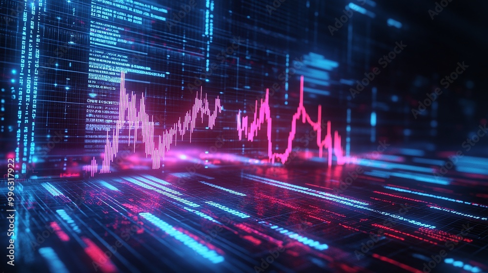 Poster abstract data visualization with glowing graphs and digital elements on a dark background.