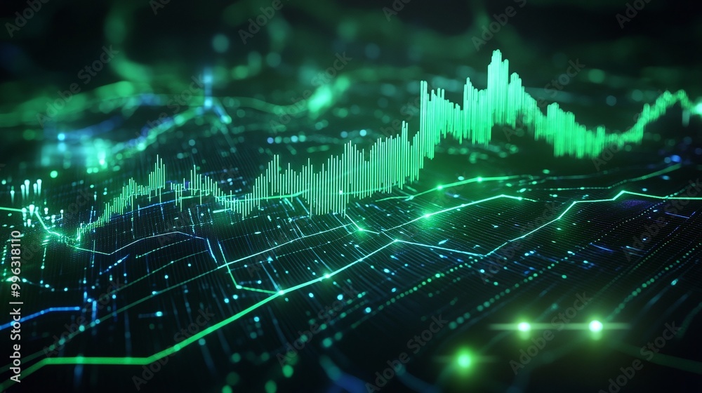 Poster abstract data visualization with glowing green graphs and digital patterns on a dark background.