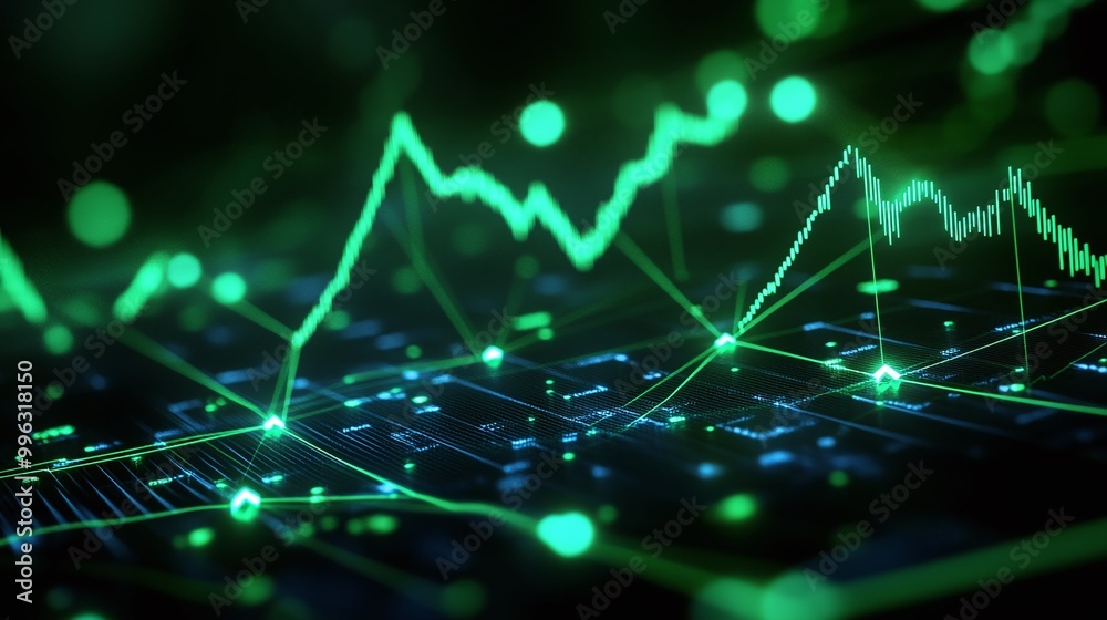Poster abstract data visualization with glowing green graphs and lines on a digital interface.