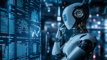 Fototapeta premium Stock market trading powered by AI technology: A concept of using artificial intelligence and digital strategies for business growth and financial investment. AI-driven virtual assistance on the inter