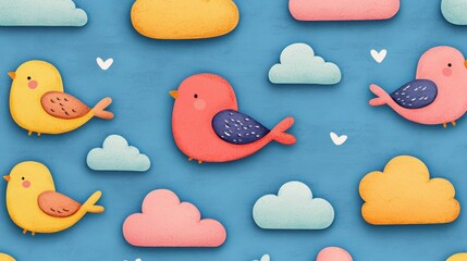 Naklejka premium Simple crayon doodles of birds and clouds, cheerful sky, flat design illustration