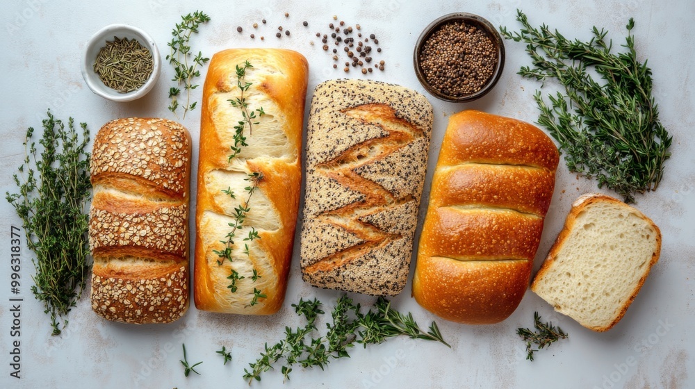 Fototapete a creative flat lay of different types of bread loaves arranged with herbs and spices, emphasizing t