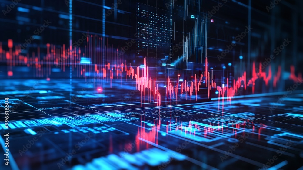 Poster abstract data visualization with glowing lines and charts in blue and red tones on a digital backgro