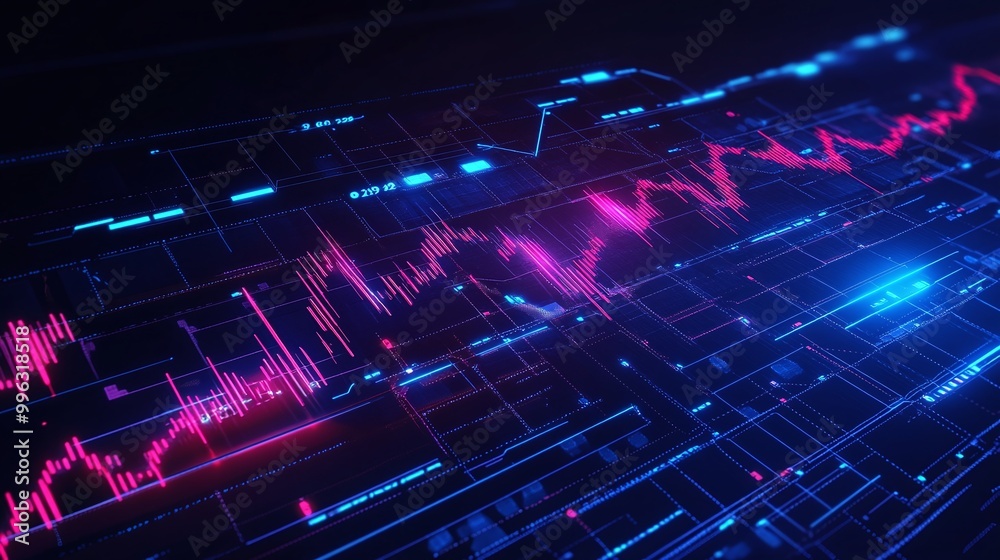 Poster abstract data visualization with glowing lines and charts in vibrant colors, representing digital an