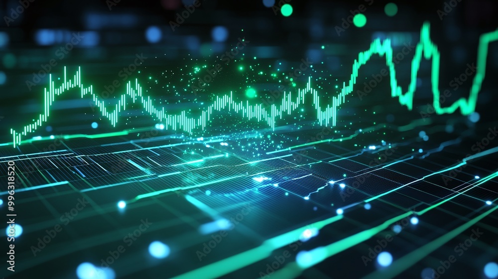 Poster abstract data visualization with glowing green lines representing digital trends and analytics.