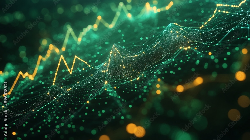 Poster abstract data visualization with glowing lines and dots, representing analytics and technological ad