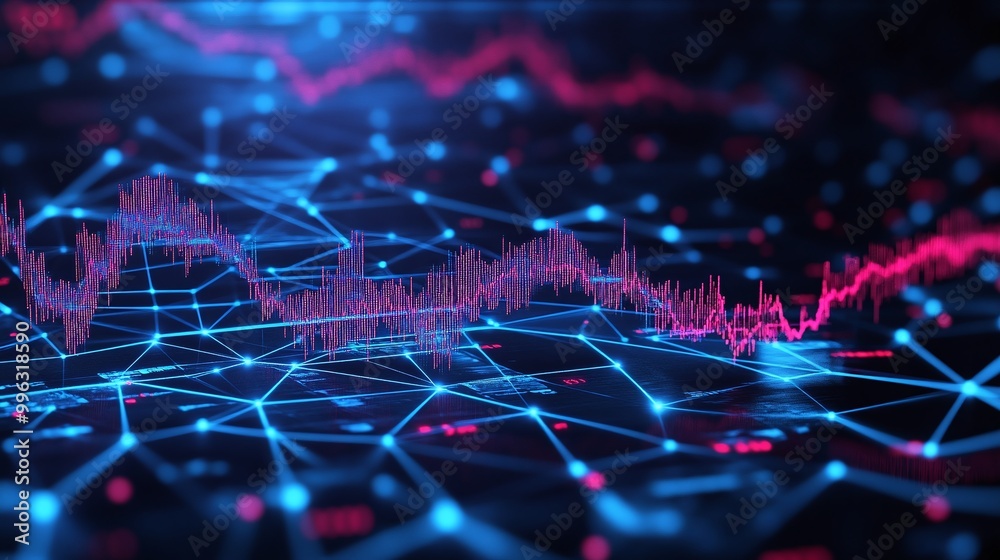 Poster abstract data visualization with glowing lines and graphs, emphasizing technology and connectivity.