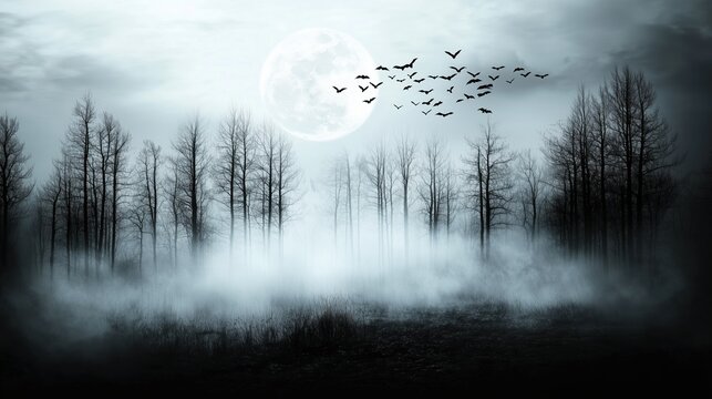 An eerie and horror-themed abstract landscape featuring black trees under a foggy sky, with birds flying across a full moon. The scene evokes a chilling and mysterious atmosphere, with crows soaring o