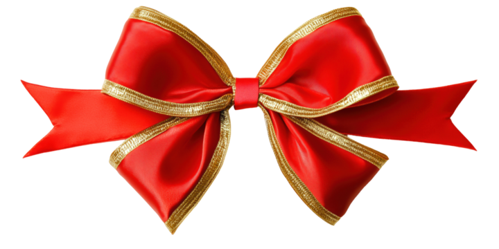 Colorful realistic textile red textile bow and ribbon, with gold trim isolated and cut out on transparent background. Holiday gift bow, for decoration, birthday, Christmas, gift promotion
