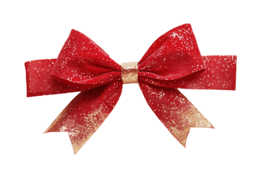 Colorful realistic realistic glitter textile red bow, with gold stroke and sequins isolated and cut on transparent background. Holiday gift bow, for decoration, birthday, Christmas, gift promotion