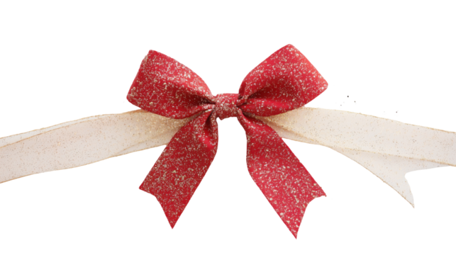 Colorful realistic realistic glitter textile red bow and ribbon, with gold stroke and sequins isolated and cut on transparent background. Holiday gift bow, for decoration, birthday, Christmas, gift 