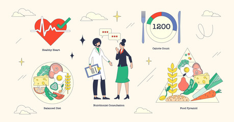 Illustration of a nutritional consultation with a balanced diet and calorie count in neubrutalism style collection.