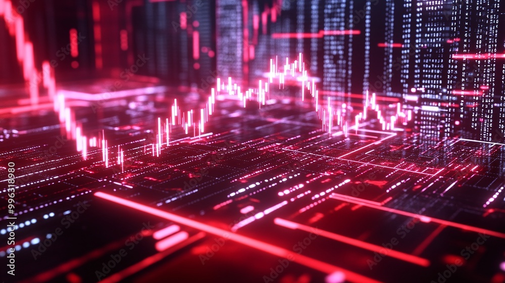 Poster abstract data visualization with glowing red lines and graphs representing digital trends and analyt