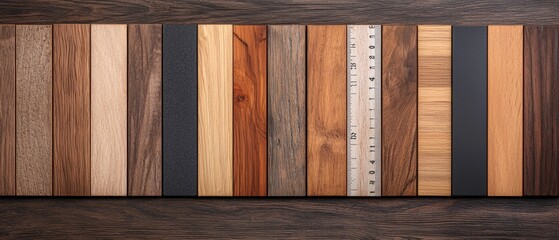 Wood texture samples arranged on a wooden surface, perfect for design and decoration.