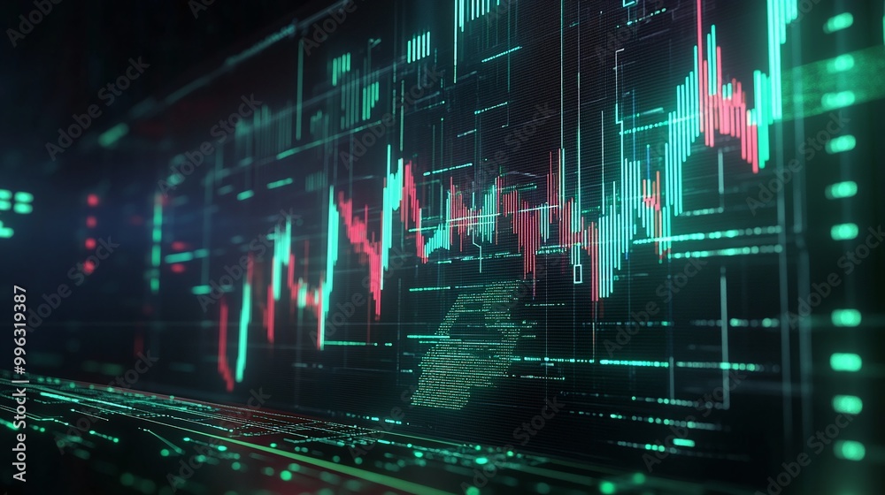 Poster abstract data visualization with graphs and digital elements on a dark background.