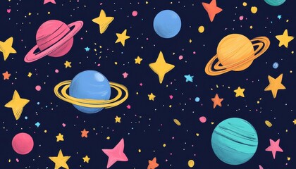 Crayon stars and planets, abstract space design, flat design illustration