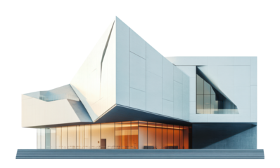 Modern art museum with angular asymmetrical walls and glass facade