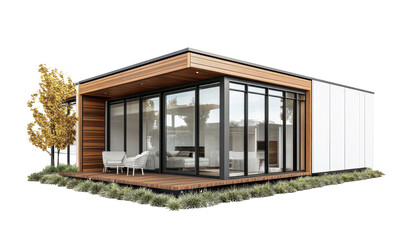 Modular prefabricated home with clean lines and glass facade