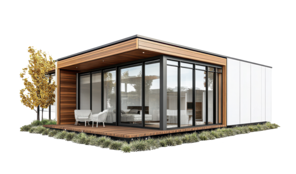 Modular prefabricated home with clean lines and glass facade