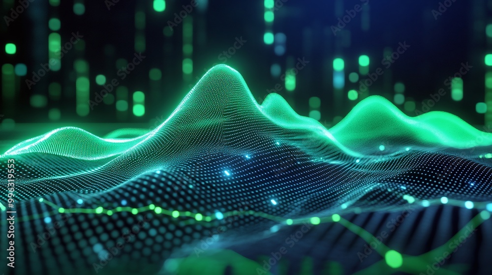 Poster abstract data visualization with green and blue waves representing information and digital signals.