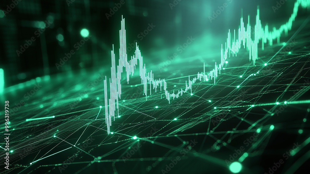 Poster abstract data visualization with green lines and graph, representing growth and analytics in digital