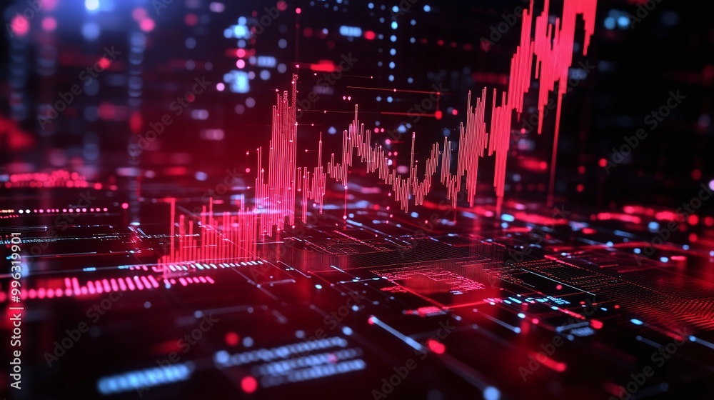 Poster abstract data visualization with red and black color scheme representing digital connections and sta