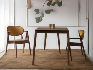 A modern dining room featuring a stylish table, elegant chairs, and a stunning chandelier overhead. generated ai