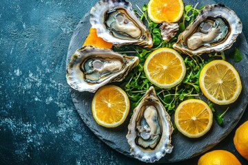 Fresh Oysters with Lemon Slices and Green Garnish on a Black Slate Plate