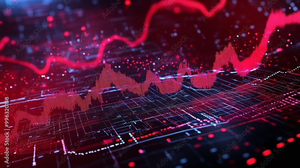 Poster abstract data visualization with red and blue lines showing trends and statistics on a digital backg