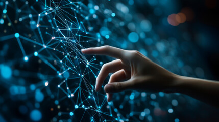 Fototapeta premium A visual of a hand touching a structure representing the global fastest data network connection, symbolizing internet and digital technology. This image emphasizes AI, data transfer, and fast digital 