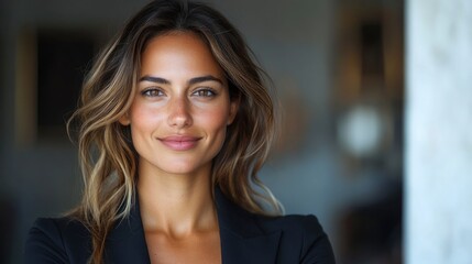 Obraz premium Confident Young Woman Smiling with Long Brown Hair
