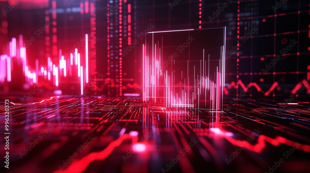 Poster abstract data visualization with red graphs and digital elements on a dark background.