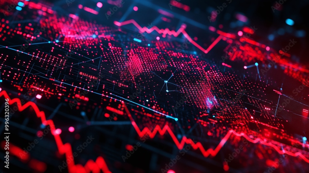 Poster abstract data visualization with red graphs and digital elements on a dark background.