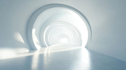 A white futuristic tunnel leading to a bright light, captured from a wide-angle perspective. The modern, abstract 3D rendered background creates a sense of depth and movement, with smooth, flowing cur