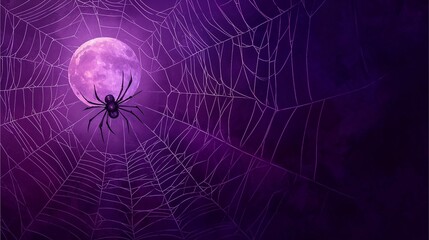 A spider resting in a dewy web against a mystical purple moonlit background, creating an enigmatic and atmospheric scene.