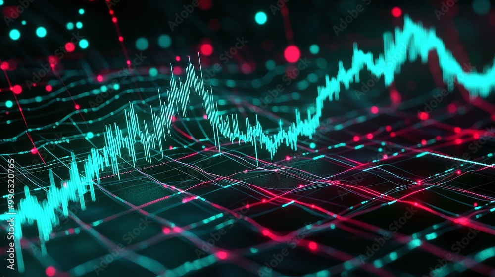 Poster abstract data visualization with vibrant glowing lines and dots representing complex information in 