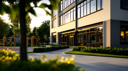 Obraz premium Modern building exterior with large glass windows, surrounded by greenery, and a children's playground nearby, capturing a vibrant and inviting atmosphere.