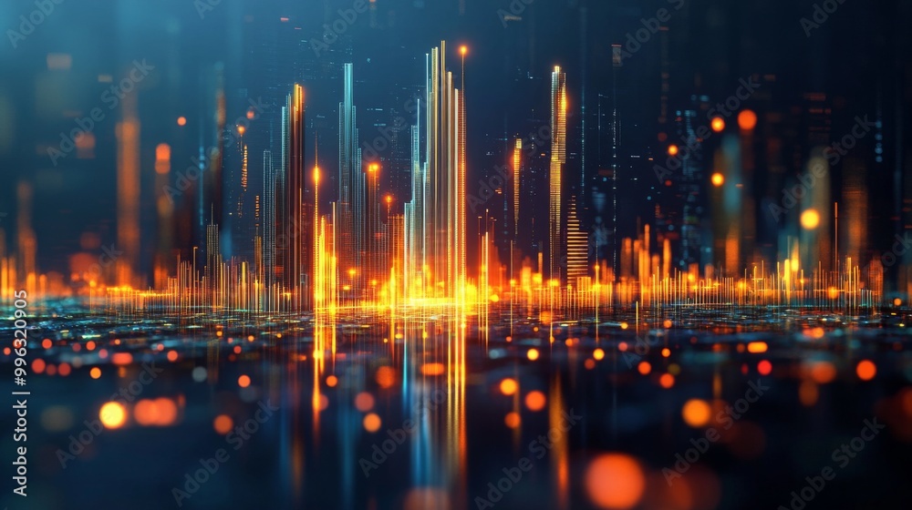 Poster a creative representation of multiple 3d bar graphs forming a city skyline, with lights and reflecti