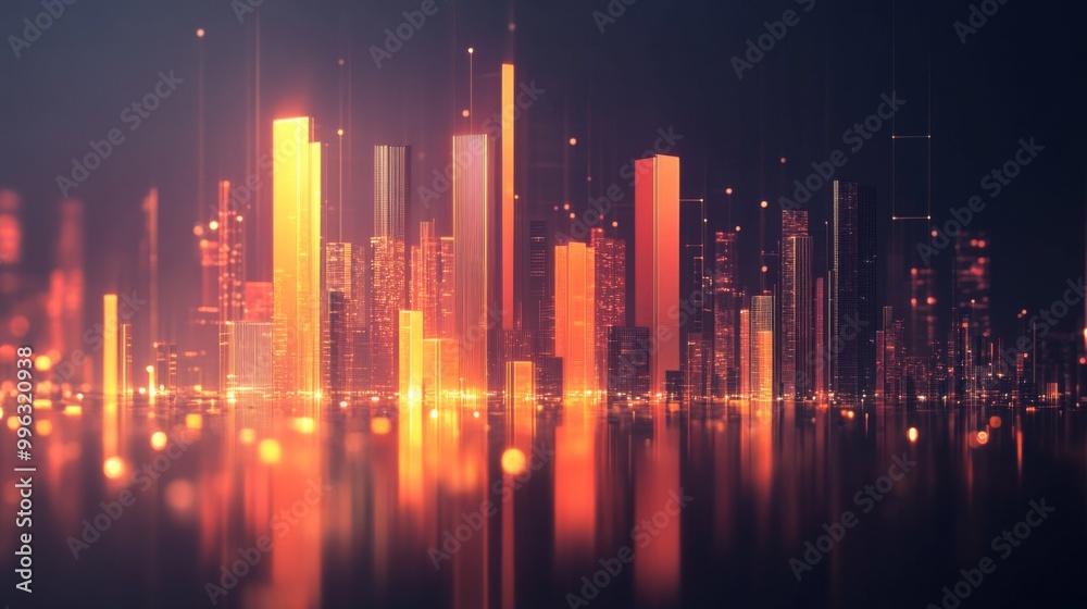 Poster a creative representation of multiple 3d bar graphs forming a city skyline, with lights and reflecti