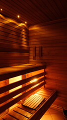 Cozy Wooden Sauna Interior with Warm Lighting for Relaxation and Wellness