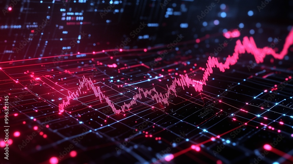 Poster abstract data visualization with vibrant lines and digital patterns representing market trends and a