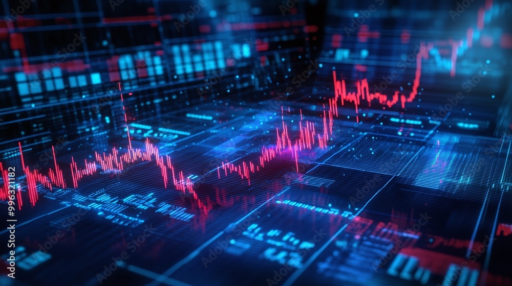 Poster abstract data visualization with vibrant lines and graphs against a digital background.