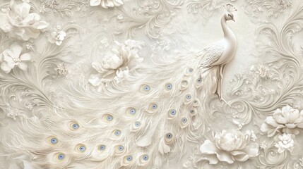 Obraz premium An elegant wallpaper made from generative stock that features a peacock and roses on a branch of white carved relief art sculpture