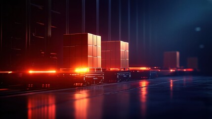 Automated warehouse with packages and conveyor belts under neon lights.