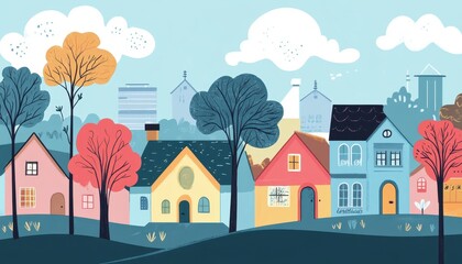 Fototapeta premium Cute houses and trees, village landscape, flat design illustration