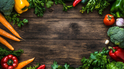 A frame of fresh organic vegetables arranged on a rustic wooden background, showcasing healthy natural food. The ingredients include beans, sea salt, carrots, peppers, broccoli, and other cooking esse