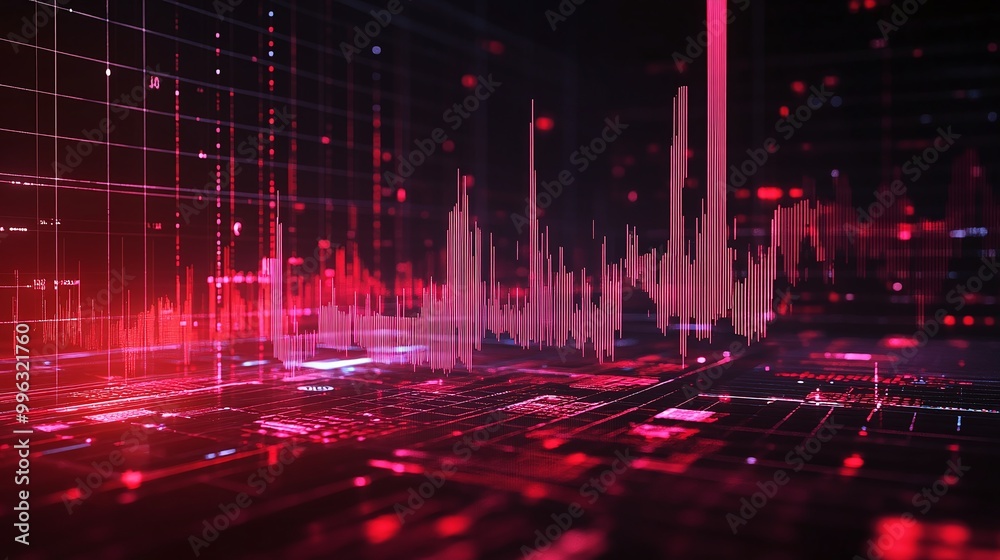 Poster abstract data visualization with vibrant red tones, showcasing digital graphs and wave patterns.