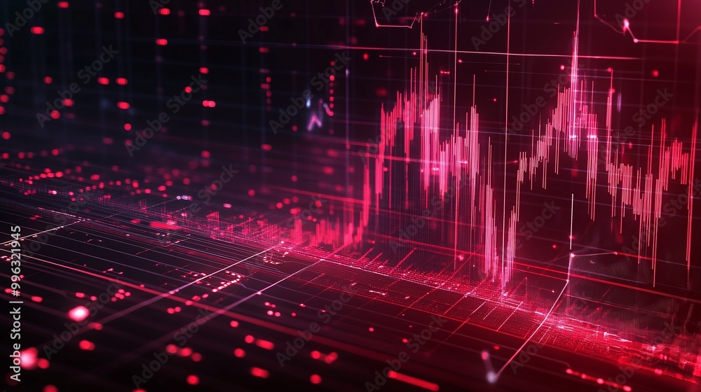 Poster abstract data visualization with vibrant red tones showcasing graph trends and digital connectivity.